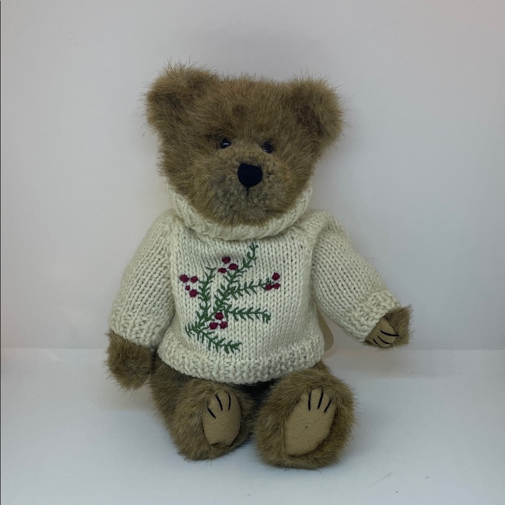 “Karen A. Mulberry” - Plush Brown Teddy Bear in Cream Embroidered Sweater